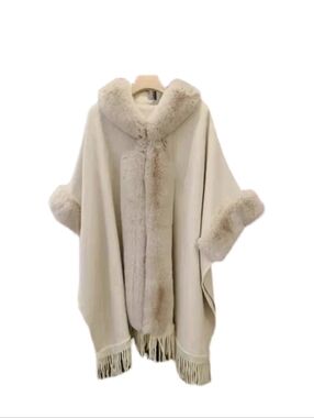 Cape: Faux Fur Trimmed Sweater Capewith A Classic Fringe Hem. One Size.(#1838B)